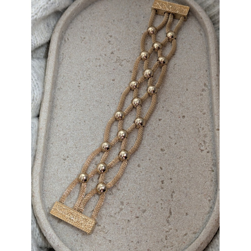 Vintage Multi Strand Mesh Bracelet In Gold Tone Woven Lattice Openwork Couture